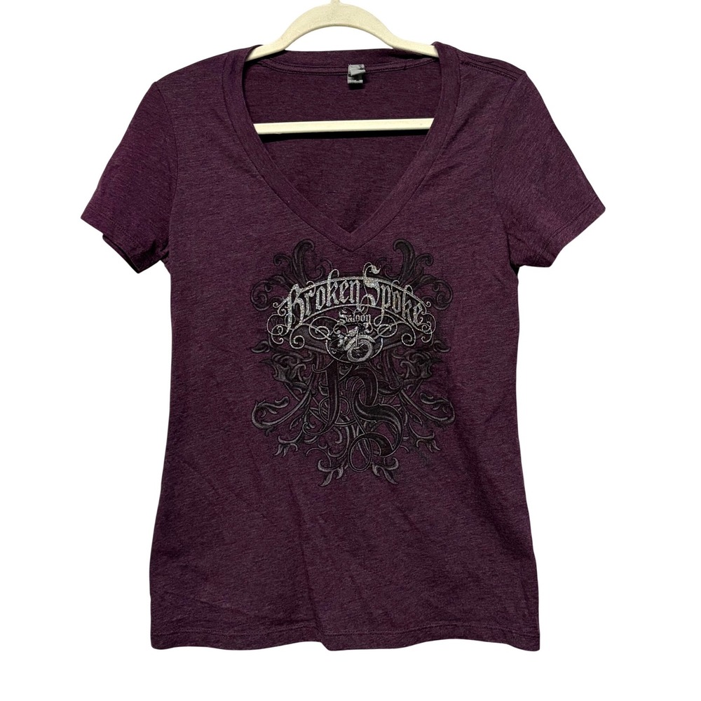 Broken Spoke Saloon Womens V-Neck‎ Graphic T-Shirt Purple Biker Tee Size M